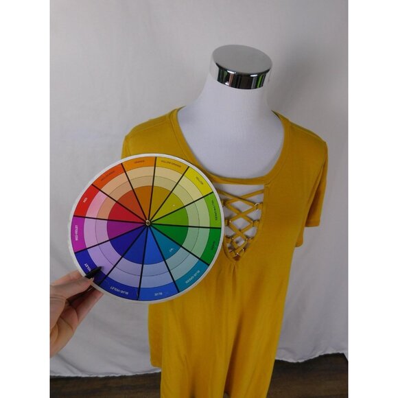 Wonderly Shirt Womens Large Yellow Lattice Neck Short Sleeve Linen Blend Tee Top - Picture 7 of 9